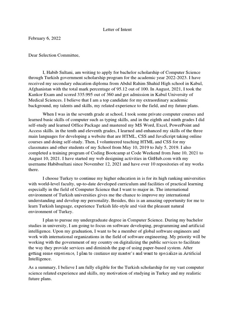Final Intent Letter For Turkey | PDF | University And College Admission ...