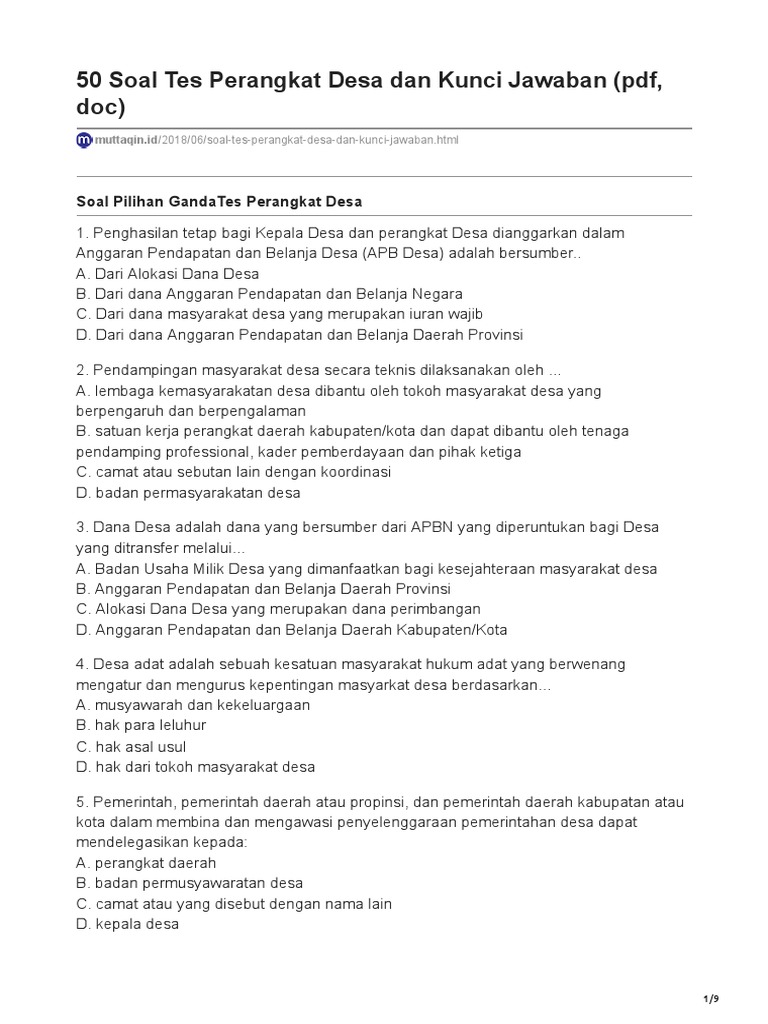 Soal Tes Perangkat Desa 2024 dan Kunci | PDF