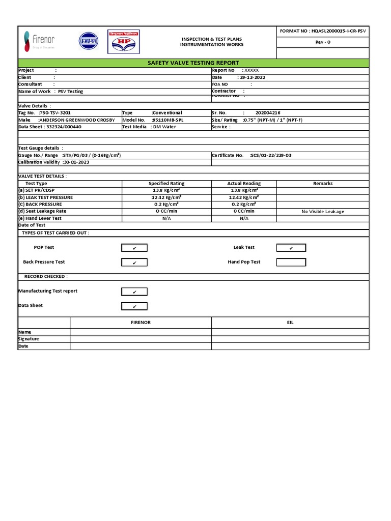 PSV Safety Valve Testing Report | PDF | Tools | Manufactured Goods