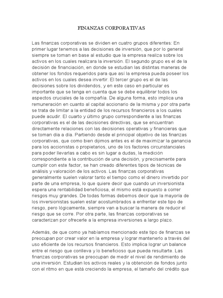 Ensayo de Las Finanzas Corporativas | PDF | Inversiones | Economias