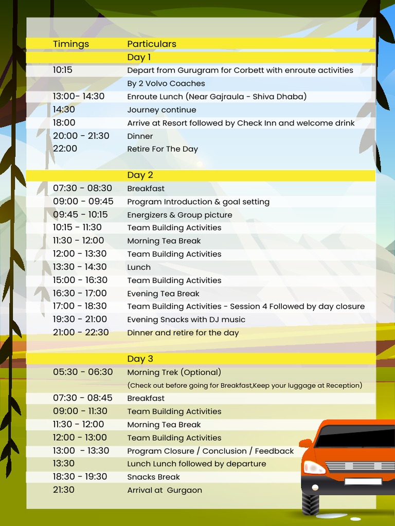 Outbound Program Itinerary For Corbett | PDF | Cooking, Food & Wine