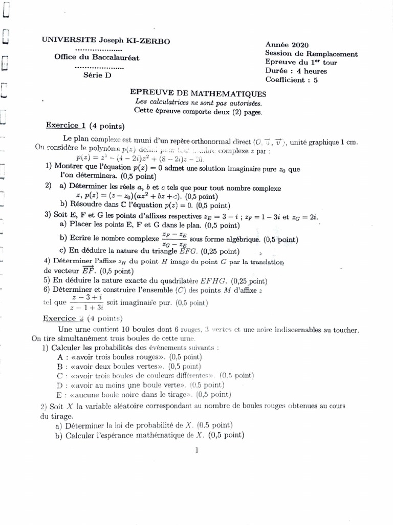 Épreuve de Mathématiques Bac D 2020 | PDF | Nombre complexe | Concepts ...
