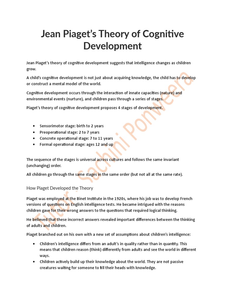 Piaget's Stages of Cognitive Development | PDF | Schema (Psychology ...