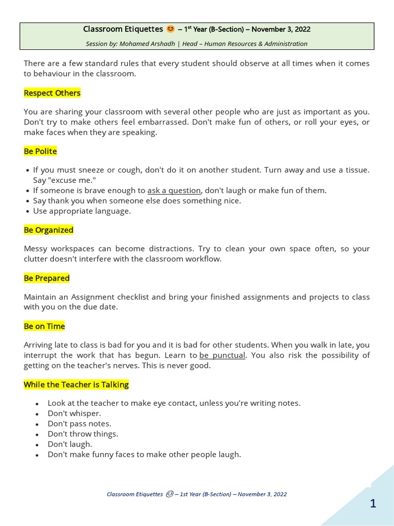 Classroom etiquettes pdf classroom