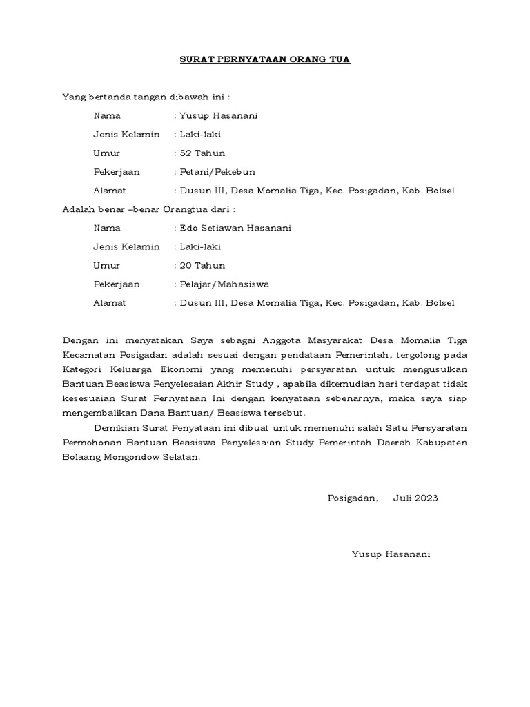 Surat Pernyataan Orang Tua | PDF