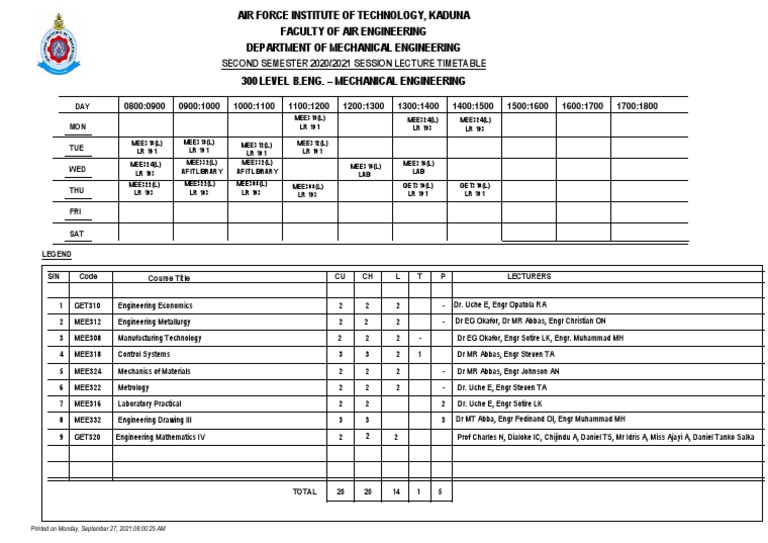 AFIT Mechanical Engineering Timetable 2021 | PDF | Science | Physical ...