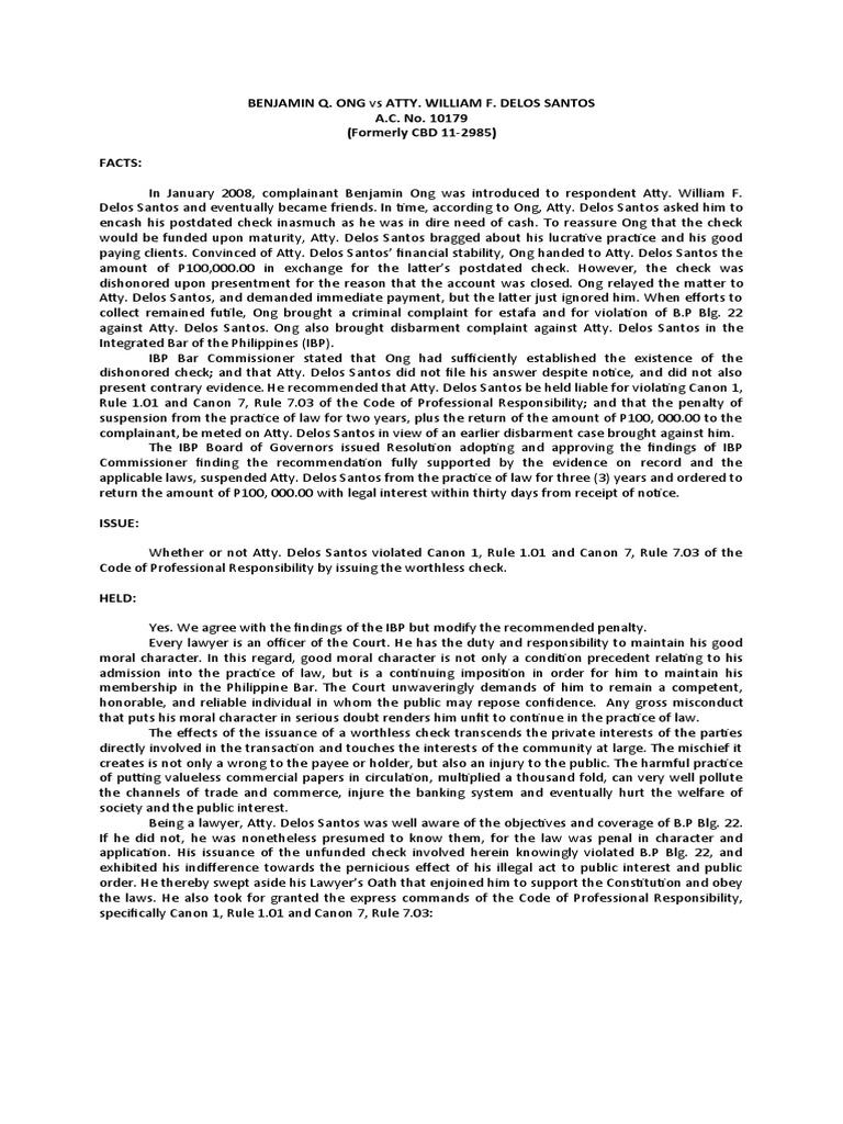 Ong VS Delos Santos - Digest | PDF | Lawyer | Practice Of Law