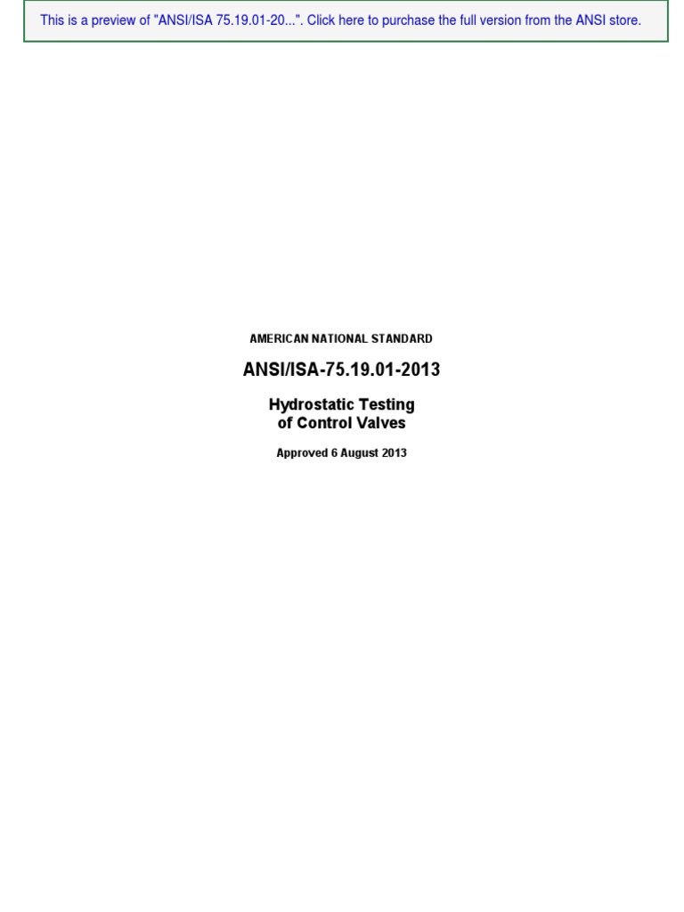 ANSI/ISA-75.19.01-2013: Hydrostatic Testing of Control Valves | PDF ...
