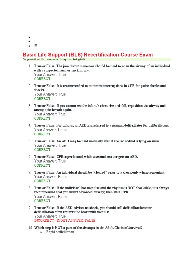 BLS Practice Test | PDF | Cardiopulmonary Resuscitation | Diseases And ...
