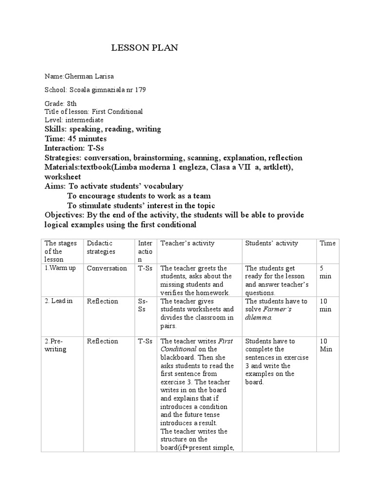 First Conditional Lesson Plan for Grade 8 | PDF | Lesson Plan | Linguistics