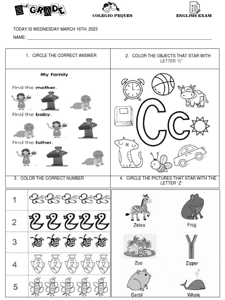 English Exam Kindergarden | PDF