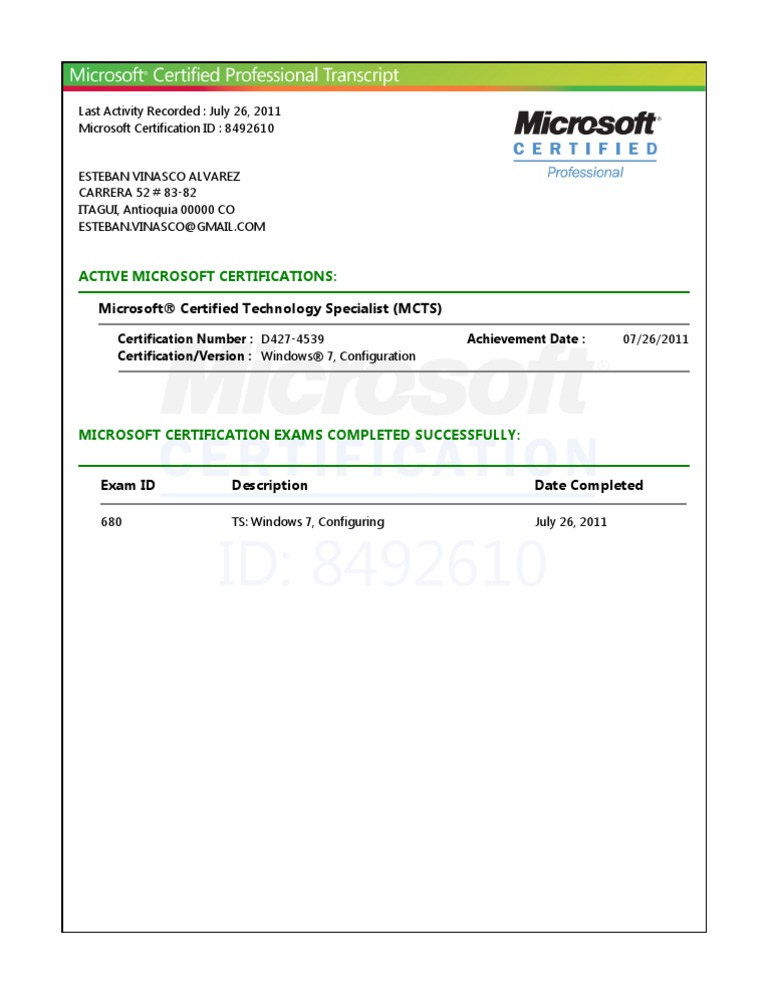 MS Learning Transcript | PDF