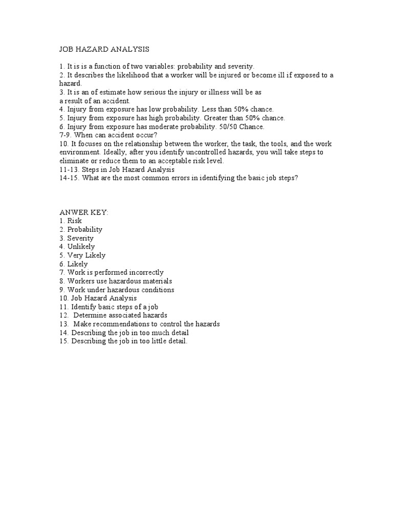 JOB HAZARD ANALYSIS Quiz PDF