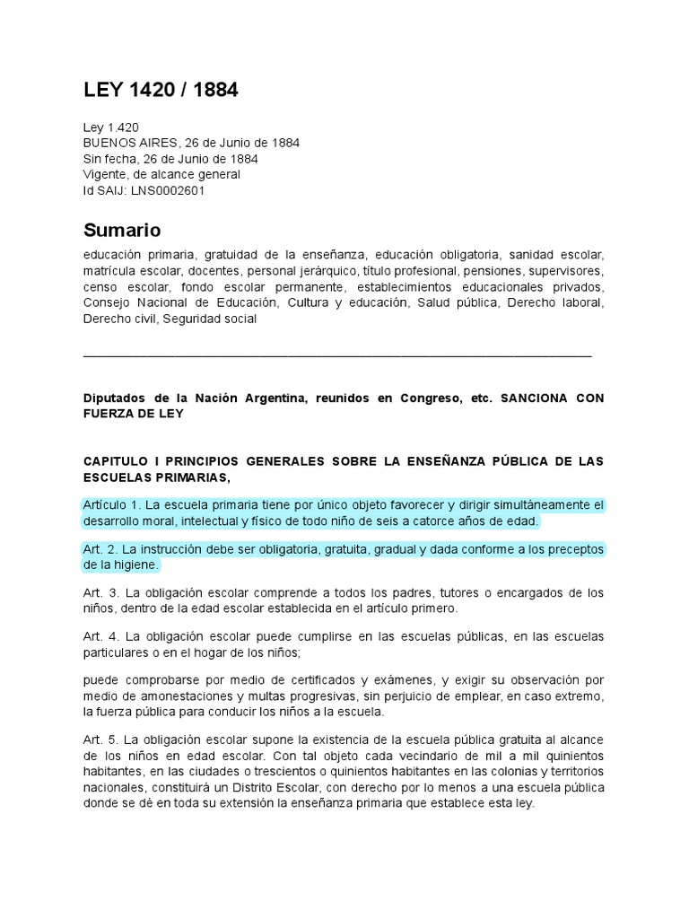 Copia de Ley 1420 | PDF | Educación primaria | Enseñando