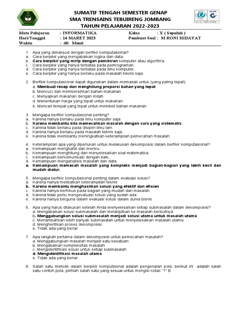 Soal Sts Semester 2 Informatika Kelas X Pdf Metode Bahan Ajar Seni