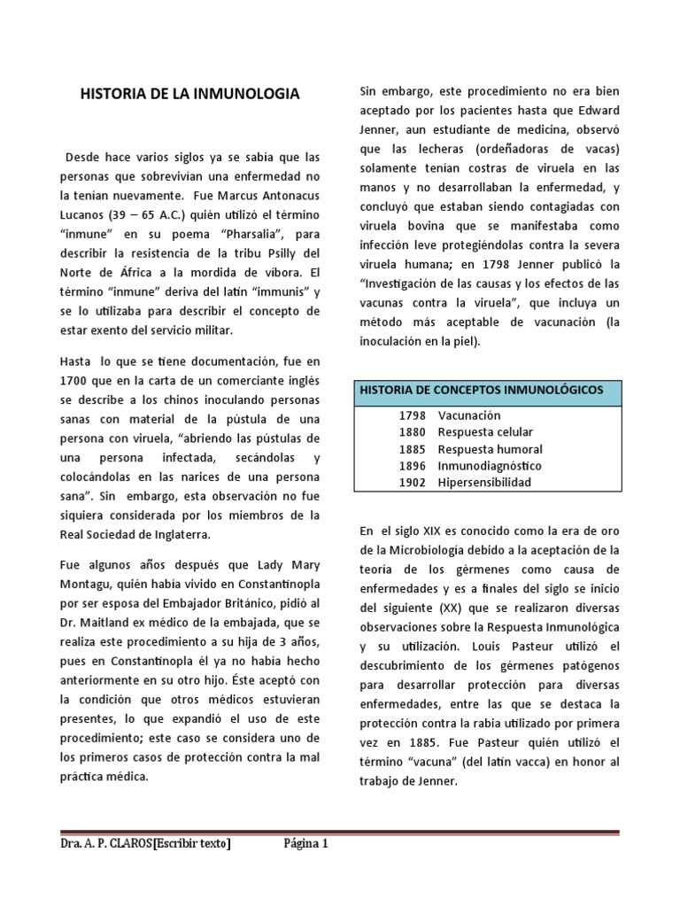 2 Historia de La Inmunologia PDF Inmunología Sistema inmune