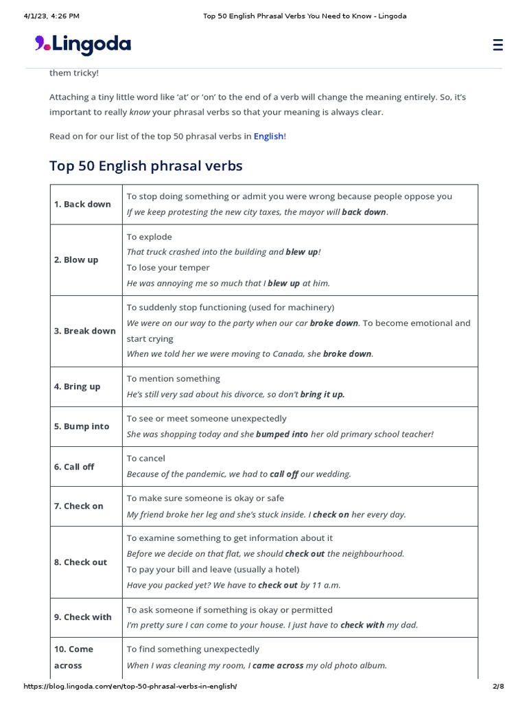 Top 50 Essential English Phrasal Verbs | PDF | English Language