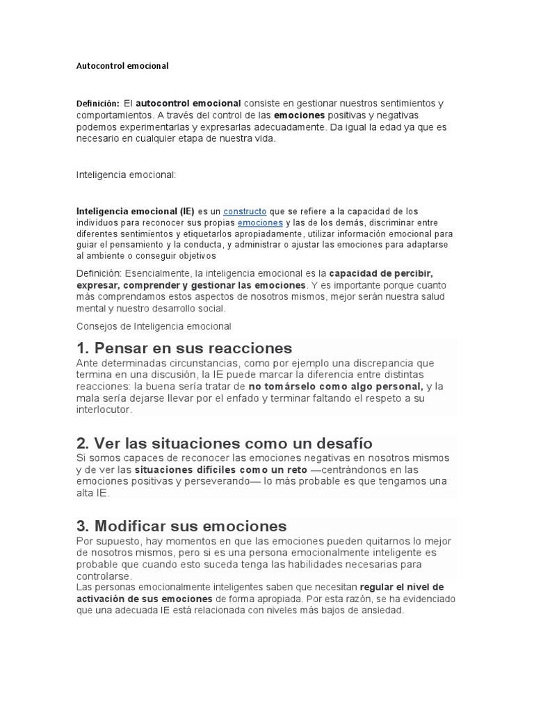 Autocontrol Emocional PDF Las emociones Inteligencia emocional