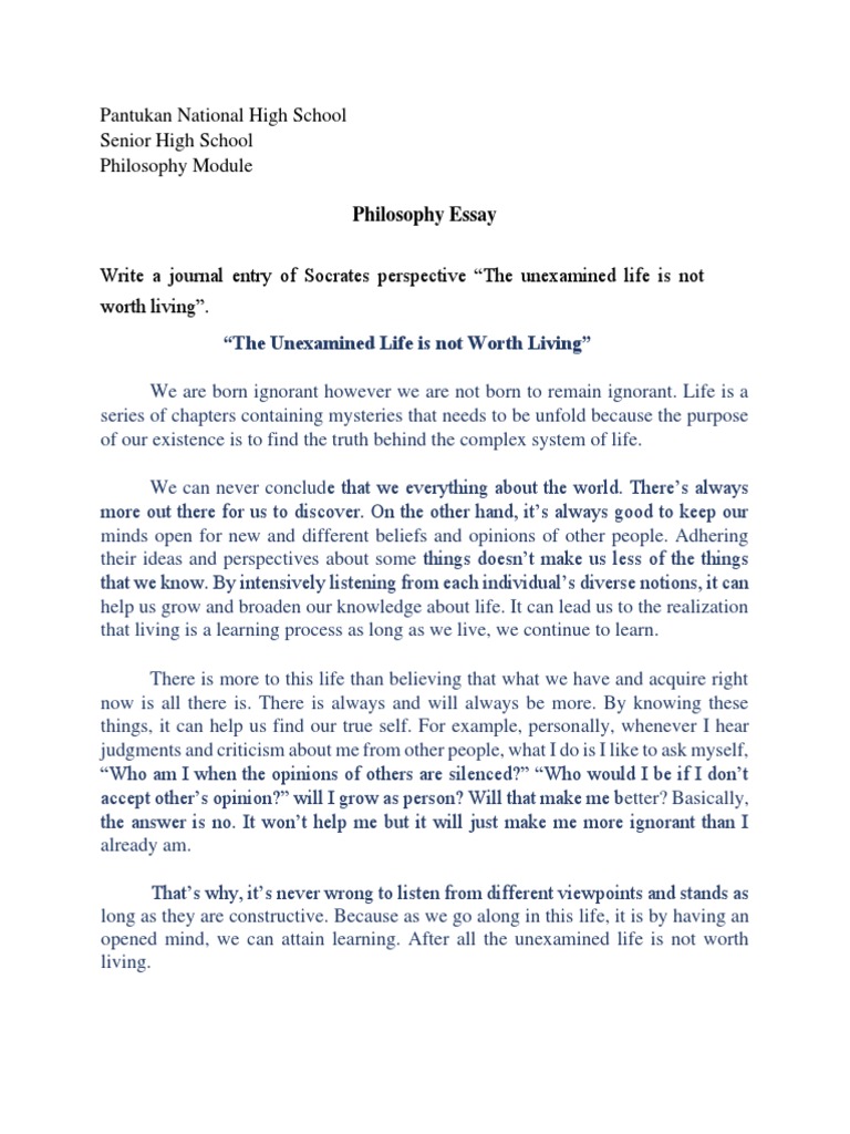 The Unexamined Life Is Not Worth Living - Essay | PDF