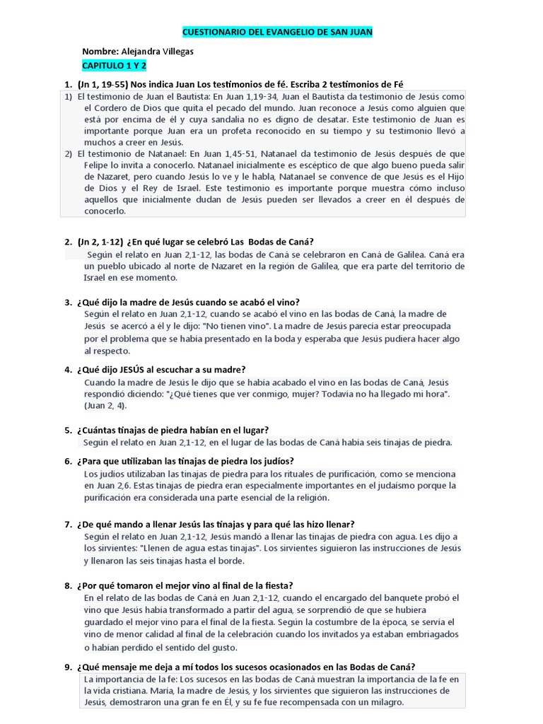 Cuestionario sobre el Evangelio de San Juan | PDF | Jesús | Juan el apóstol