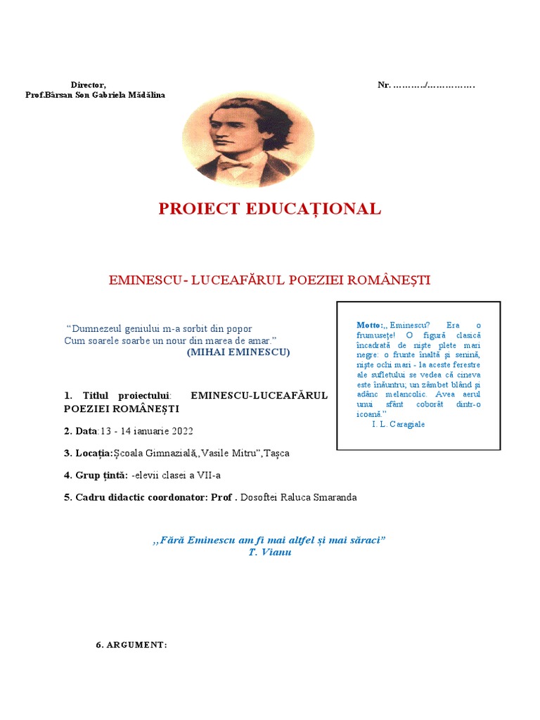 Eminescu Proiect Educational Didactic | PDF