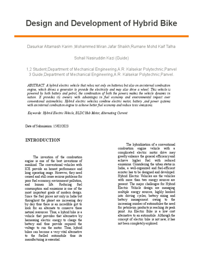 Design and Development of a Hybrid Electric Bicycle Combining Battery Power and an Internal