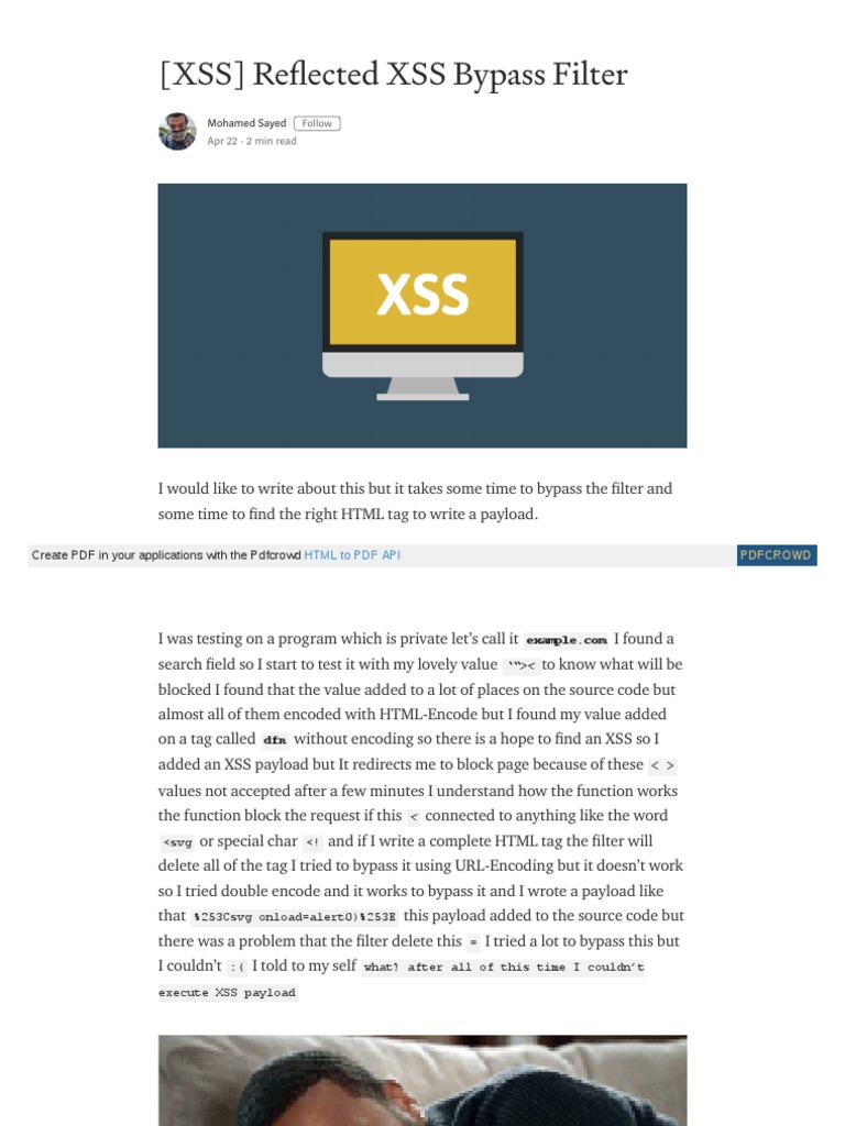 (XSS) Re Ected XSS Bypass Filter Mohamed Sayed Apr 22 2 Min Read PDF Hypertext