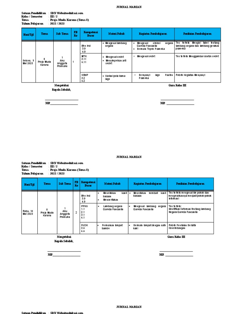 Jurnal Kelas 3 Tema 8 | PDF