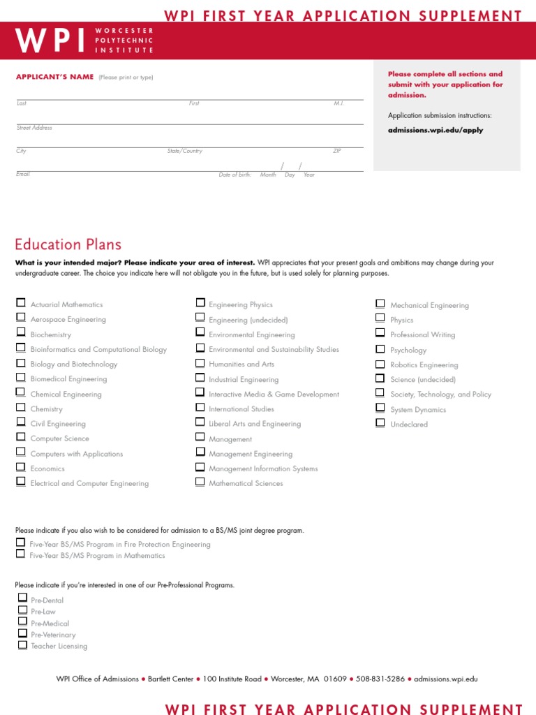 WPI First Year Application Supplement | PDF | Sat | Bachelor Of Science