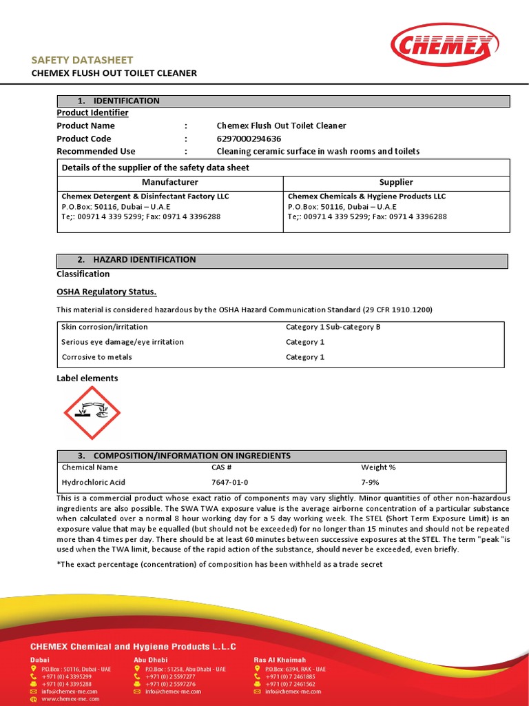 Safety Datasheet Chemex Flush Out Toilet Cleaner PDF Dangerous
