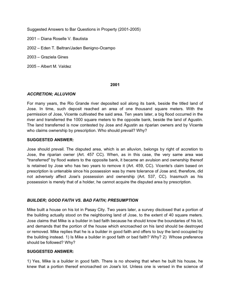 Suggested Answers To Bar Questions in Property 20012005 08.22.11