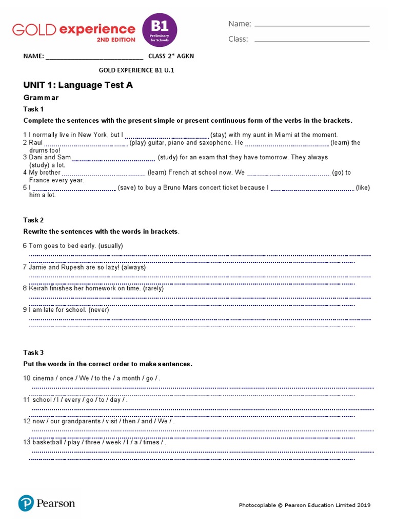 Gold Experience b1 U1 Test | PDF