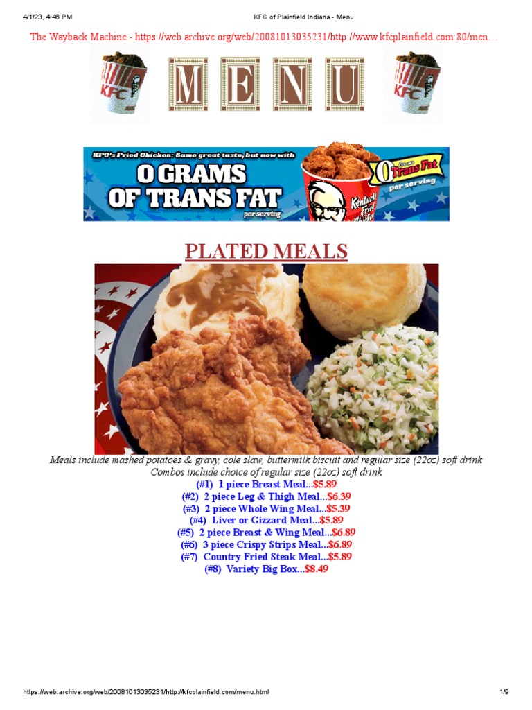 KFC of Plainfield Indiana Menu 69 PDF Barbecue Foods