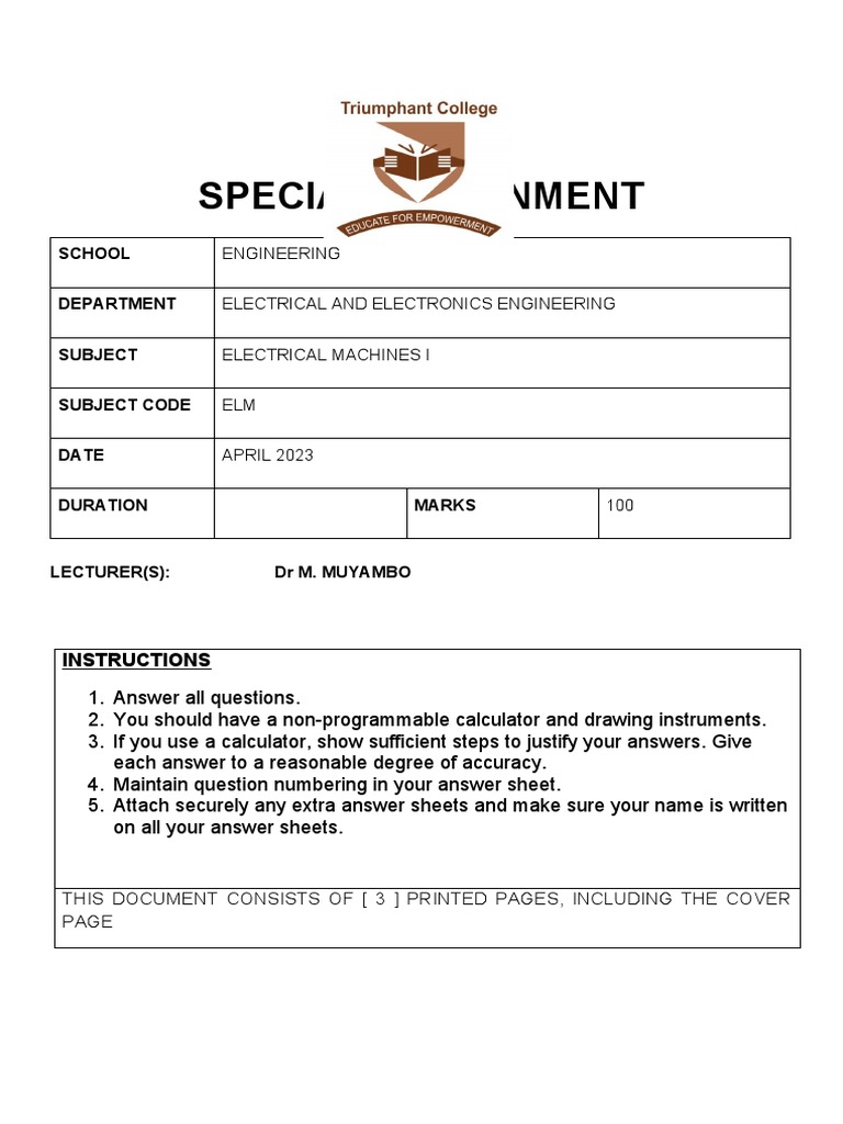 Electrical Machines I Special Assignment 1 | PDF | Transformer ...
