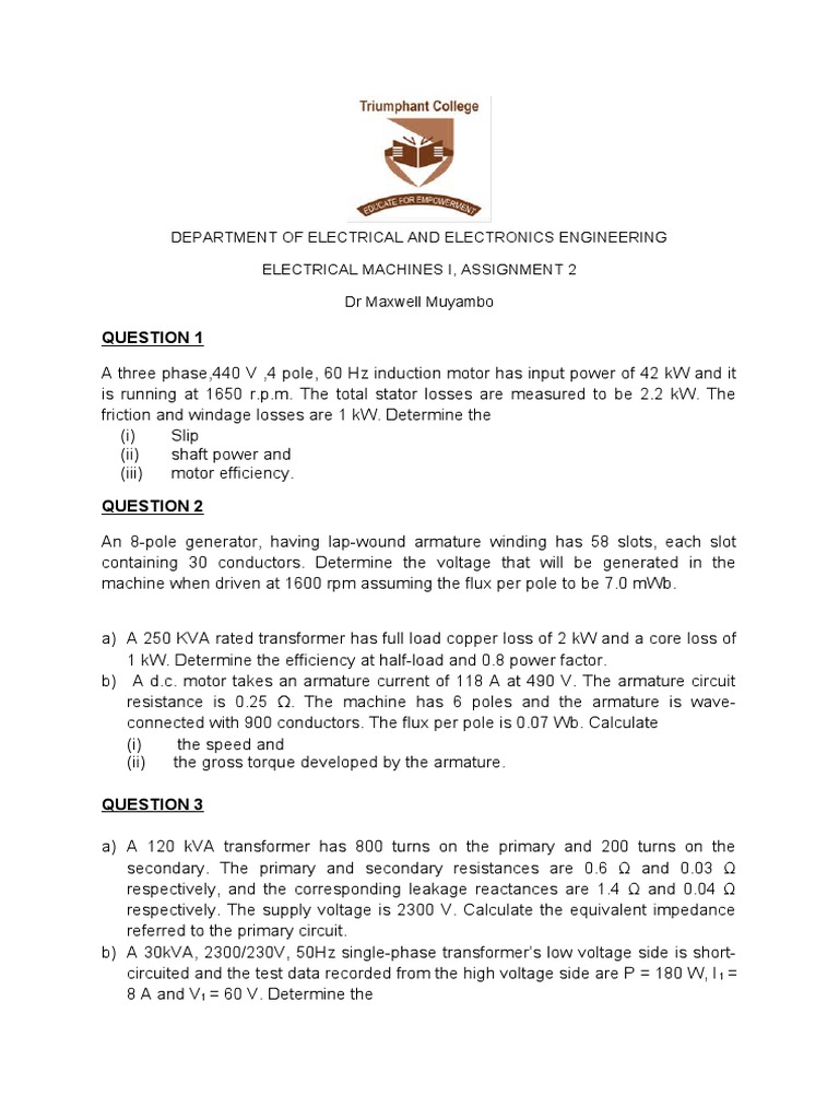 Electrical Machines Assignment Solutions | PDF | Electric Motor ...