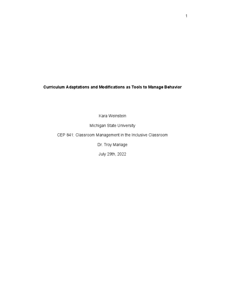 Curriculum Adaptations And Modifications As Tools To Manage Behavior