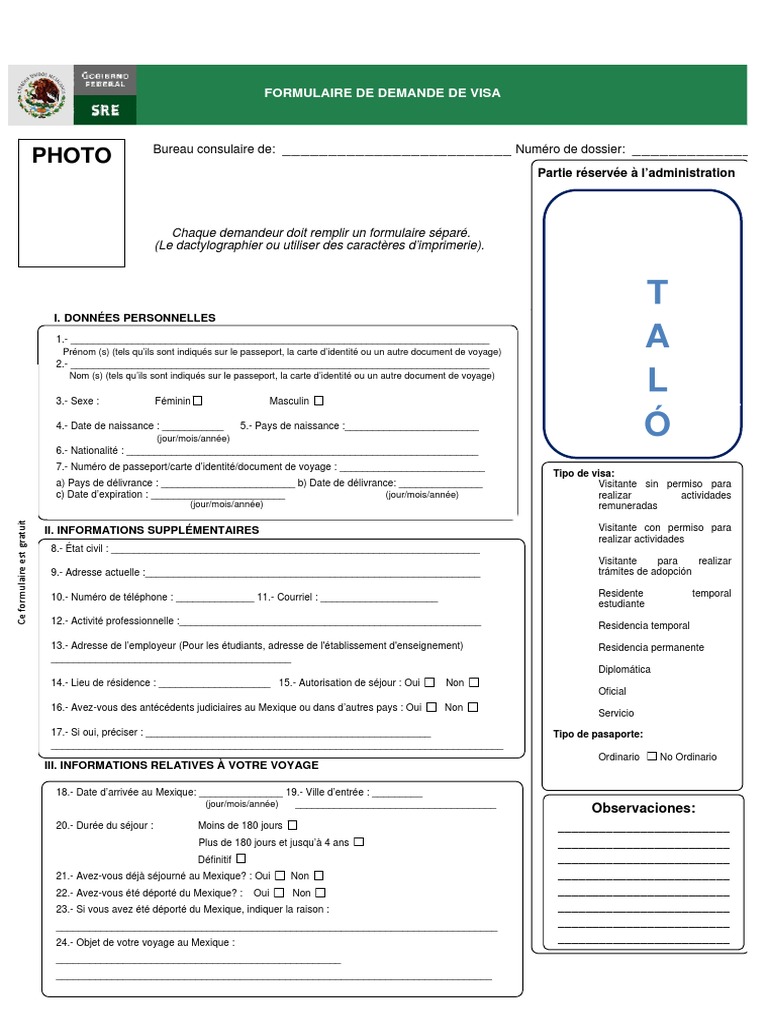 Formulaire de Demande de Visa Mexicain | PDF | Visa (Document) | Passeport