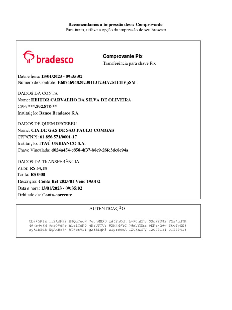 Imprima este comprovante de transferência Pix realizada para a Comgás PDF