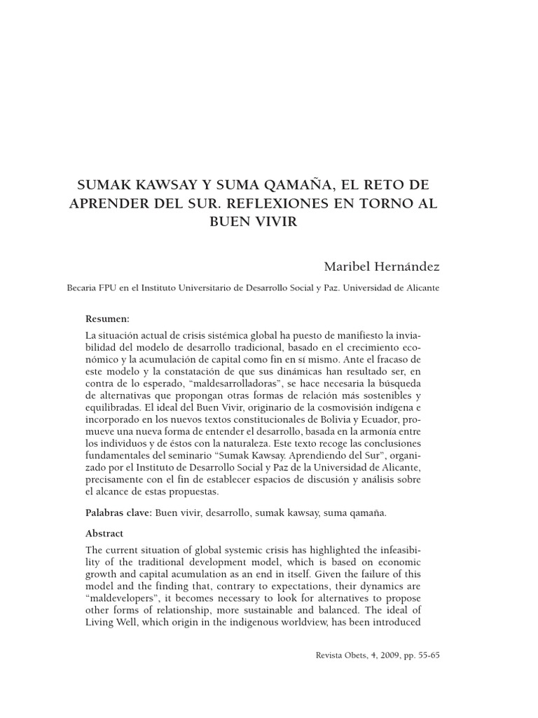 Hernandez, M. I. (2009). Sumak Kawsay y Suma Qamaña, el reto de