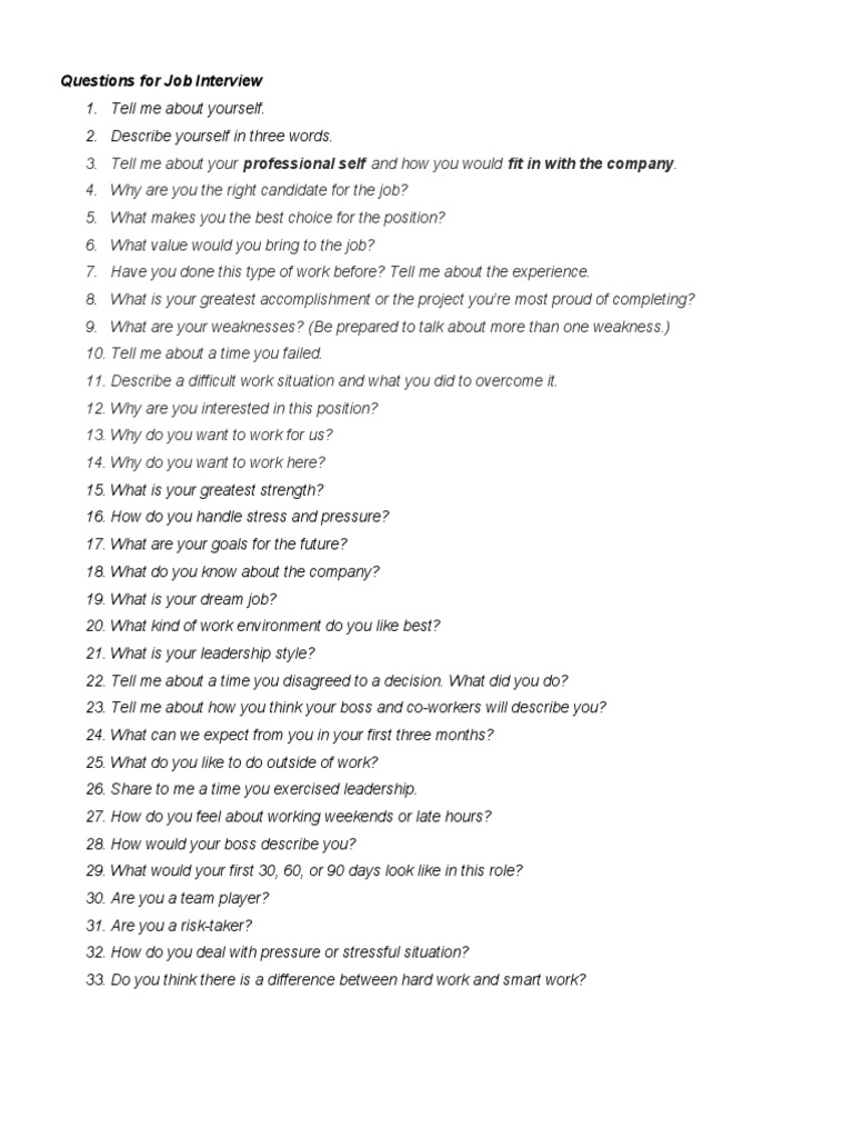 Questions For Job Interview PDF