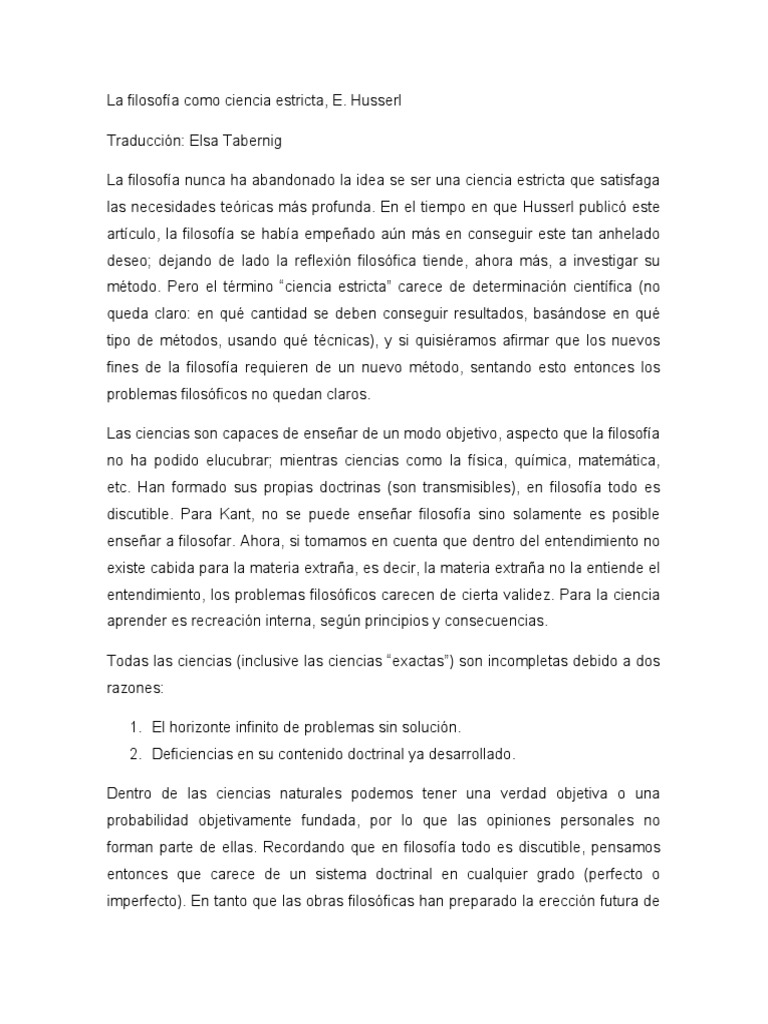 La Filosofía Como Ciencia Estricta PDF Science Esencia