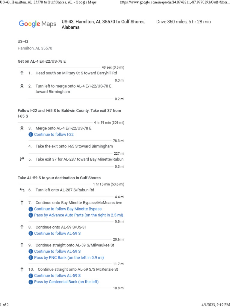 US-43, Hamilton, AL 35570 To Gulf Shores, AL - Google Maps | PDF
