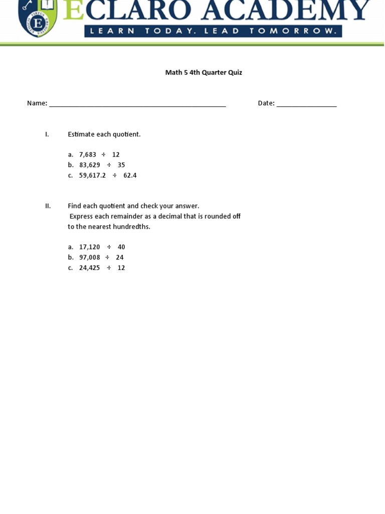 Math 5 4th Quarter Quiz | PDF | Teaching Methods & Materials