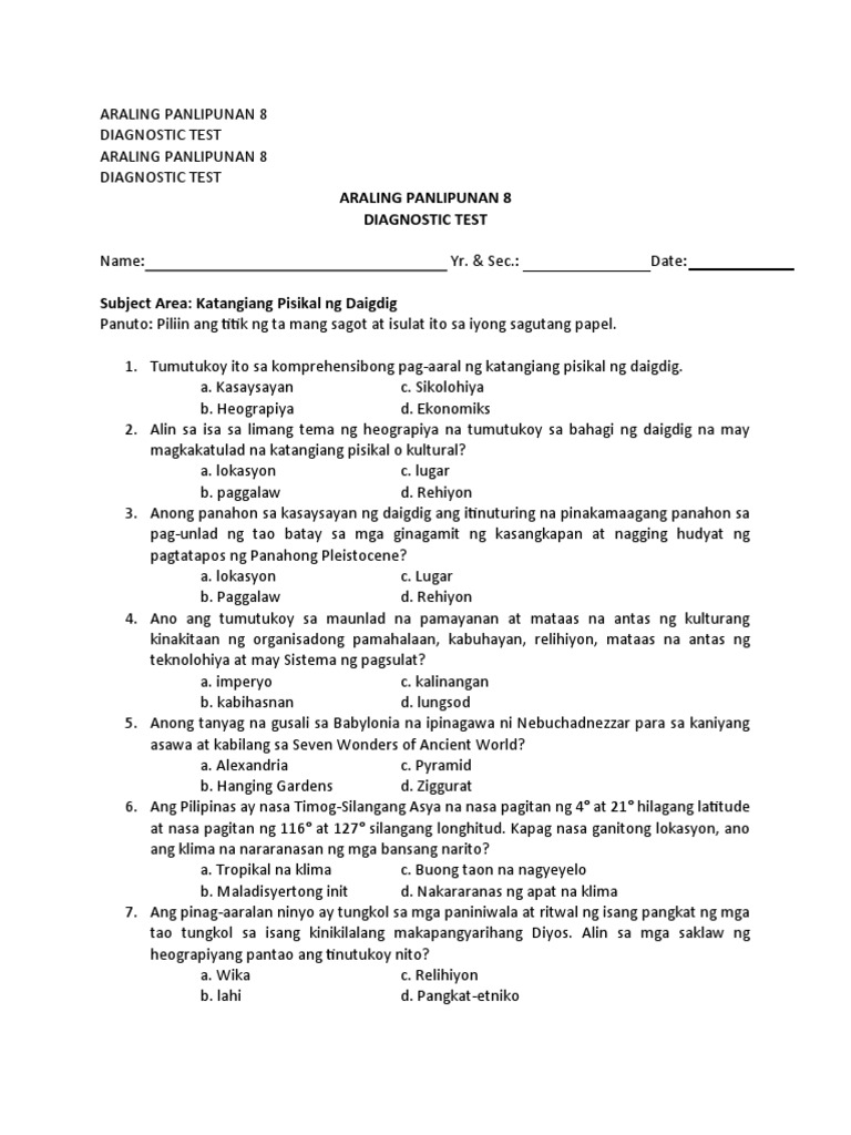 Araling Panlipunan 8 Diagnostic Test | PDF