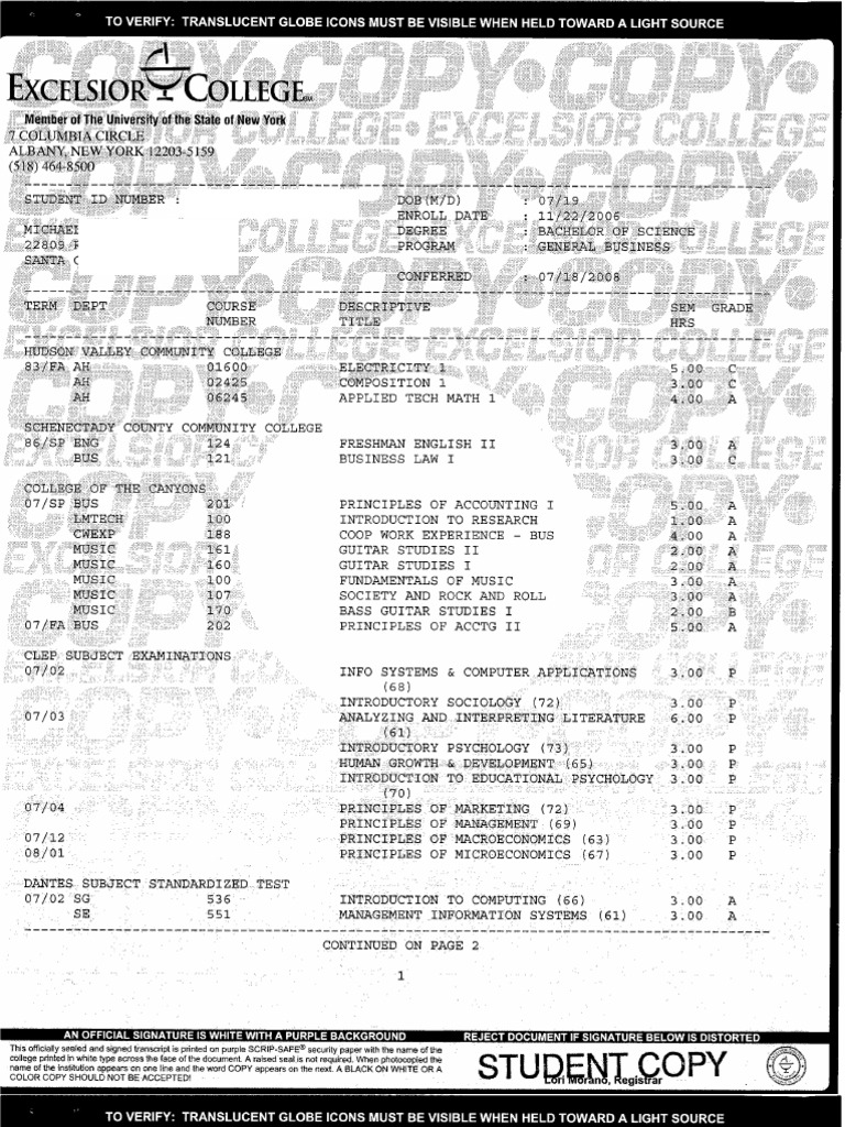Excelsior College Transcript Graduate Record Examinations Test Assessment