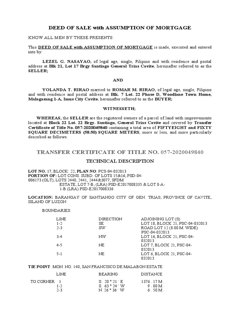 Deed of Sale With Assumption of Mortgage Transfer Certificate of Title No. 0572020049840 PDF