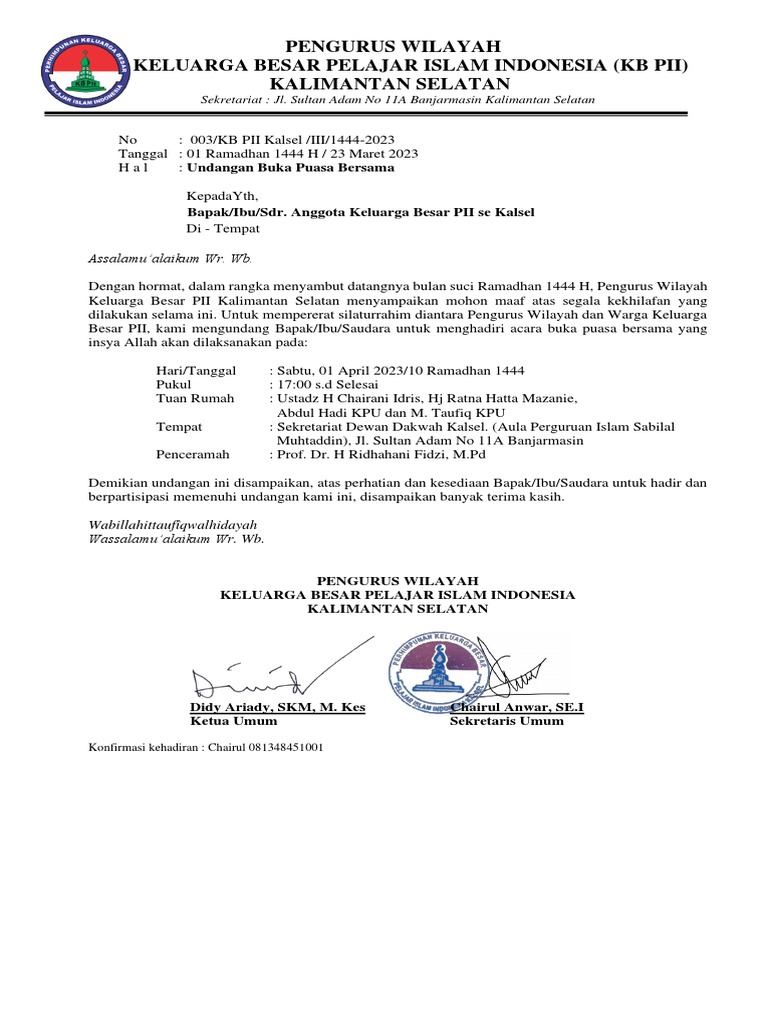 Undangan Buka Bersama KB PII 01 April 2023 | PDF