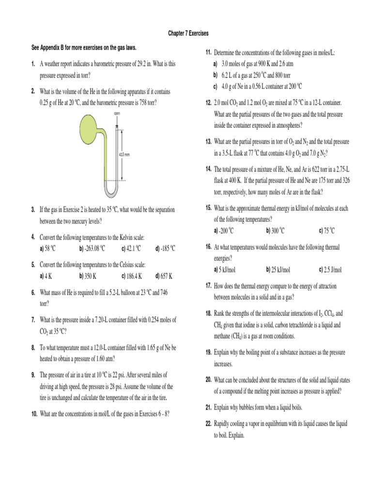 Chapter 7 Exercises See Appendix B For More Exercises On The Gas Laws. 1. 11. A) B) C) 12 PDF