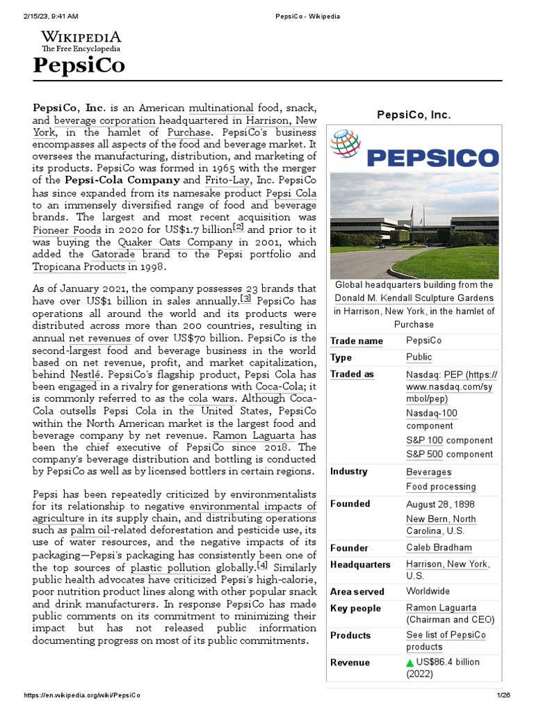 PepsiCo: History and Acquisitions | PDF | Pepsi Co