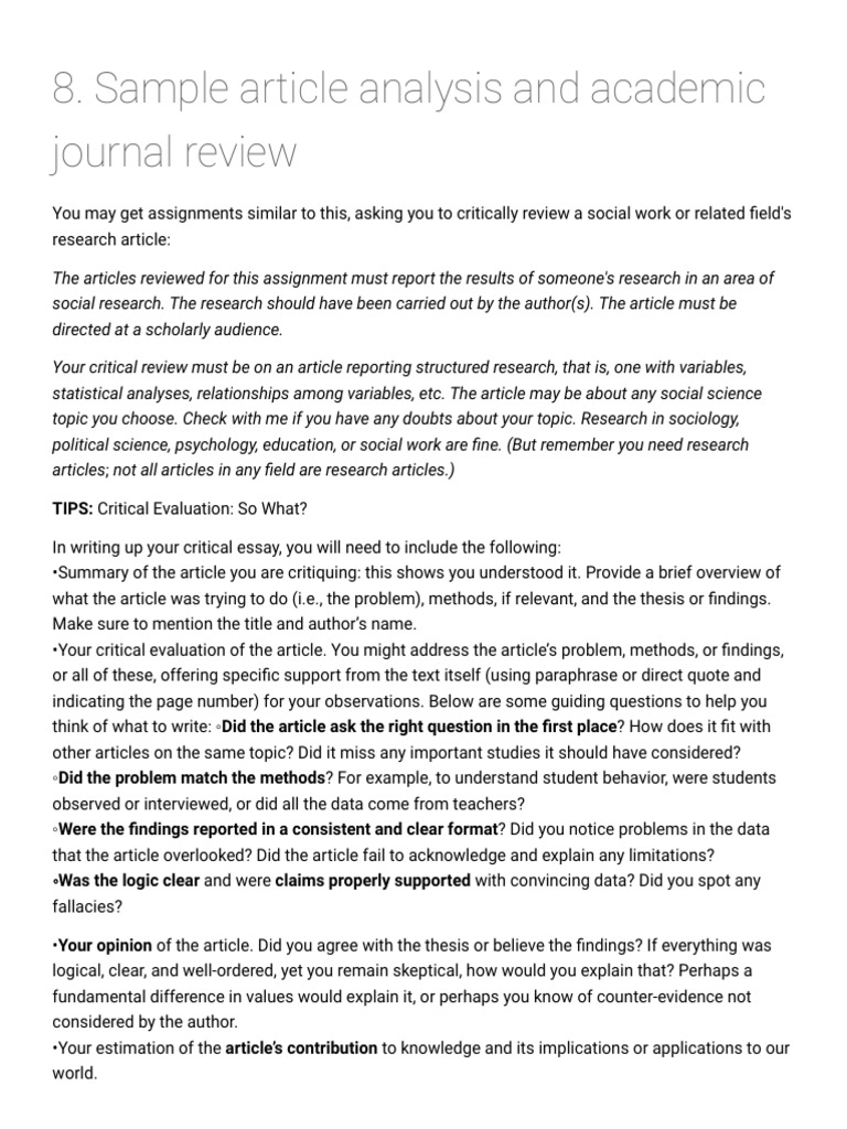 Sample Article Analysis and Academic Journal Review TIPS Critical